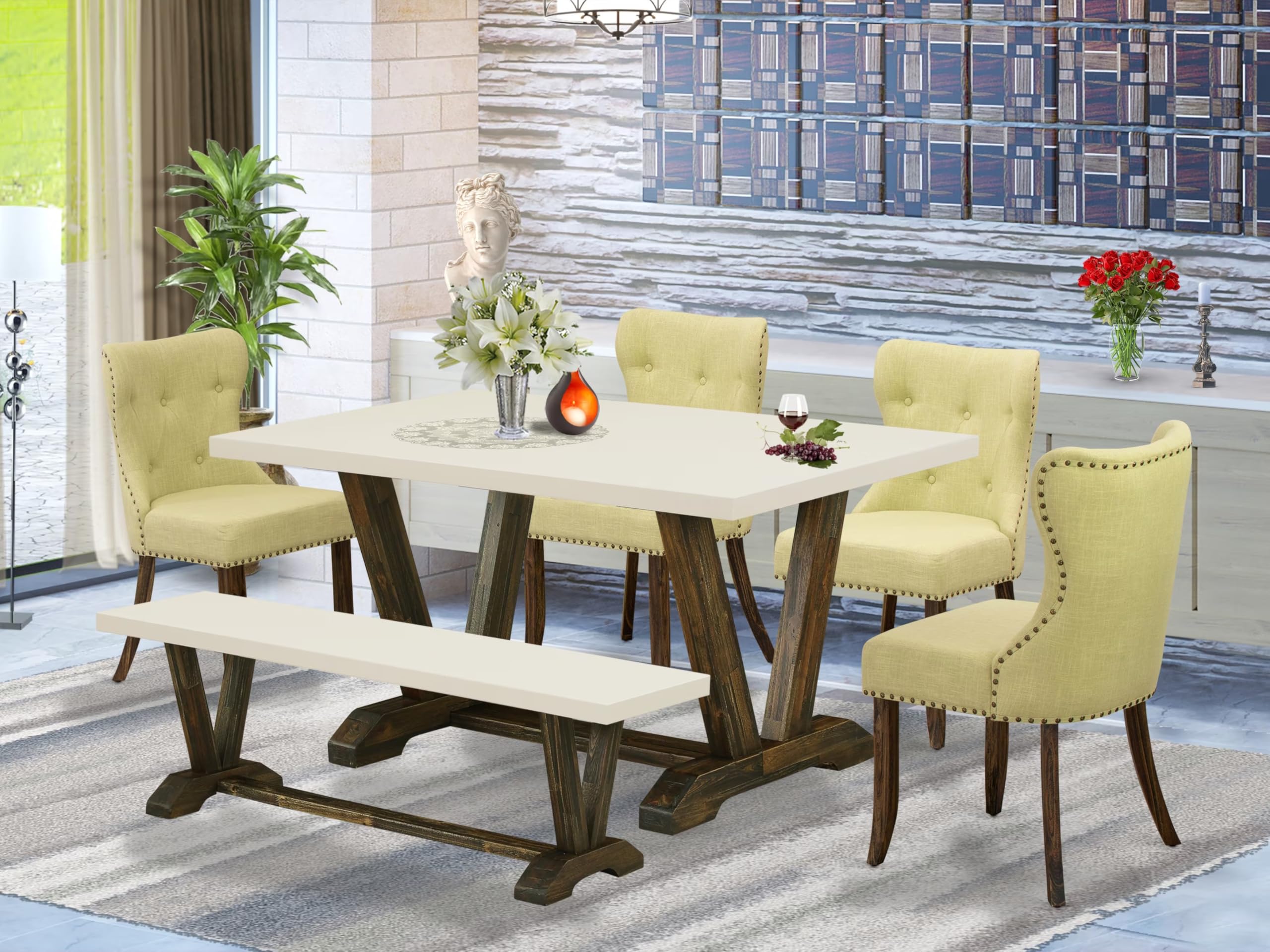 East West Furniture V726Si737-6 6 Piece Dining Table Set Contains A Rectangle Dining Room Table And 4 Limelight Linen Fabric Parson Chairs With A Bench, 36X60 Inch, Multi-Color
